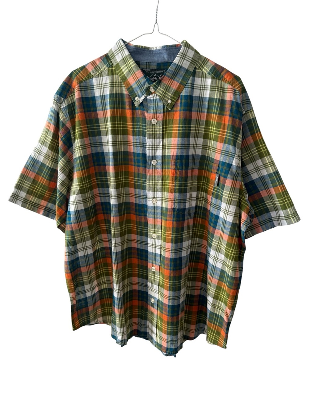 Woolrich Men's Timberline Madras Plaid Shirt SS Button Up Green Blue Orange